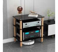 Mobiletto per archiviazione multimediale con ripiani in vetro temperato e gambe in legno massello, design ammortizzante per componenti HiFi