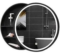 Mobiletto per Bagno con Specchio Rotondo Illuminato a LED - Mobiletto Porta medicinali in Legno a 3 Livelli Montato a Parete con Anta Scorrevole e Interruttore Touch per Un Facile Accesso -