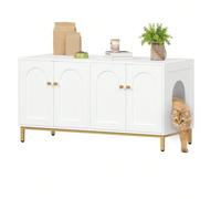 Mobiletto per gatti per 2 gatti, mobiletto con lettiera nascosta da 119 cm, cuccia in legno per animali domestici, panca contenitore, adatto alla maggior parte delle lettiere per gatti, bianco e oro. 