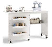 Shally Dogan Mobiletto per Macchina da Cucire Pieghevole con 5 Ruote Piroettanti, Tavolo da Cucito in Legno Richiudibile Salvaspazio, Asse da Stiro a Scomparsa, Tavolo Scrivania Multiuso (Bianco)