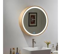 Mobiletto Porta medicinali con Specchio Illuminato per mobiletto del Bagno - Mobiletto portaoggetti in Legno massello con Parte Superiore Ribaltabile e lastra a Specchio HD (Legno LED, 70 cm