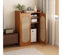 Mobiletto Salvaspazio in Bambù e Rattan - Consolle Ingresso Stretta con Ante in Paglia di Vienna, Mobile Ingresso per Nascondere Router WiFi e Modem, Design Boho Chic con Bordo Rialzato(32.2in)