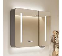 Mobiletto Specchiera con Illuminato a LED,Armadietto Pensile da Bagno con Anti-Appannamento,specchio bagno contenitore con luce tricolore,pensile bagno sospeso visualizzazione dell'ora,buco della cart
