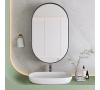 Mobiletto Specchio Ovale con Metallo, Armadietto da Parete con Cornice in Metallo e Ripiani Regolabili, Specchio Contenitore da Incasso o a Muro, Nero, 85 x 51.5 x 12 cm