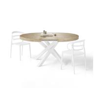 Mobili Fiver, Tavolo Allungabile Rotondo Emma, 120-160 cm, Quercia con gambe Incrociate Bianche, per 4-6 persone, Tavolo Cucina, Soggiorno, Made in Italy