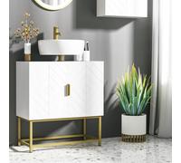 kleankin Mobile Sottolavabo con Armadietto a 2 Ante, Mobiletto Moderno in Legno e Acciaio con Decori Geometrici, 60x30x65cm, Bianco e Oro