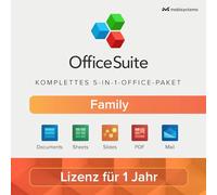 MobiSystems OfficeSuite Family - 6 Utenti - Documenti, fogli, diapositive, PDF, posta e calendario per 1 PC Windows e 2 dispositivi mobili per utente / 1 anno di licenza