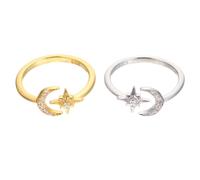 MOBUTOFU Anelli da Donna Regolabili Aperti a Forma di Stella e Mezzaluna, Set da 2 Pezzi in Metallo Lucido, Gioielli Strass per Uso Quotidiano e Regali