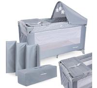 Moby-System 2 in 1 Lettino da Viaggio e Box Gioco per Neonati e Bambini | Materasso Inclusa | Altezza Regolabile | Pieghevole e Portatile con Borsa per il Trasporto (Grigio)