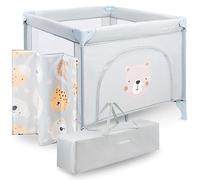 Moby-System Box per Bambini Grande e Pieghevole con Materasso e Borsa per il Trasporto, Telaio Robusto, Ruote di Bloccaggio e Tappetini Antiscivolo - Dimensioni 97 x 100 x 77 cm, Design Orsetto