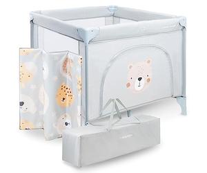 Moby-System Box per Bambini Grande e Pieghevole con Materasso e Borsa per il Trasporto, Telaio Robusto, Ruote di Bloccaggio e Tappetini Antiscivolo - Dimensioni 97 x 100 x 77 cm, Design Orsetto