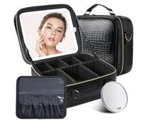 Mocado Beauty case da viaggio con specchio - 3 impostazioni di colore grande illuminato e specchio ingranditore 10x, organizer portatile per cosmetici, grande scatola portagioie porta pennelli