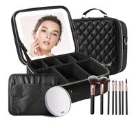 Mocado Beauty case da viaggio con specchio a LED, organizer per trucchi, con 3 impostazioni illuminate e specchio ingranditore 10x, 8 pennelli, divisori regolabili (motivo a losanga nera), Patterm a