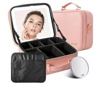 Mocado Beauty case da viaggio con specchio a LED, organizer per trucchi, custodia per trucchi con illuminazione a 3 colori e specchio ingranditore 10x, organizer portatile e divisori regolabili, Rosa