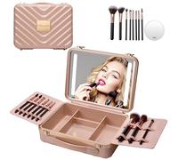 Mocado Beauty case da viaggio con specchio illuminato in 3 colori, organizer da viaggio, specchio ingranditore 10x, luminosità regolabile, organizer con divisore per pennelli da trucco, Rosa