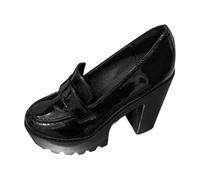 Mocassini da donna con platform, slip on à filer effetto verniciato punta arrotondata al dettaglio flangia tacco alto suola spessa dentata stile retrò urbano, per ufficio uscita sera, 01 Nero, 36 EU