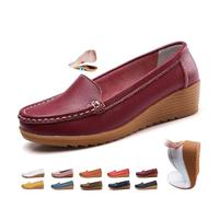 Mocassini da donna in pelle, ortopedici con zeppa, mocassini classici senza lacci, scarpe da barca da passeggio, casual, per guida, ufficio, infermieristica, Borgogna, 43 EU