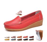 Mocassini da donna in pelle, ortopedici con zeppa, mocassini classici senza lacci, scarpe da barca da passeggio, casual, per guida, ufficio, infermieristica, Rosso, 43 EU