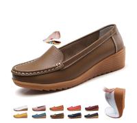 Mocassini da donna in pelle, ortopedici con zeppa, mocassini classici senza lacci, scarpe da barca da passeggio, casual, per guida, ufficio, infermieristica, cachi, 43 EU