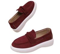 Mocassini da donna in pelle scamosciata, comodi, bassi e casual, con tacco a cuneo, mocassini retrò con punta arrotondata, leggeri, Rosso vinaccia, 44 EU