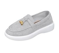 Mocassini da donna in stile scamosciato, casual, senza lacci, con decorazioni in metallo, suola bianca spessa, calzature da passeggio per tutti i giorni, scarpe da passeggio leggere e comode, Cenere