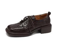 Mocassini da Donna in Stile Vintage, Scarpe Nuove Autunnali e Primaverili con Punta Quadrata, Tacco Spesso, Allacciate, Piattaforma Impermeabile, Scarpe Singole,Brown-38