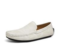 Mocassini da Uomo con Punta Quadrata, in Pelle PU, Stile Guida, Antiscivolo, Comodi, Casual, Classici, Senza Lacci(Bianco,41 EU)