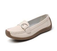 Mocassini in Pelle da Donna, Mocassini Piatti Slip-on Casual con Punta Rotonda, Scarpe da Barca morbide e comode da Guidare,Beige,42 EU