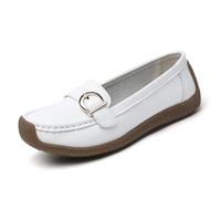 Mocassini in Pelle da Donna, Mocassini Piatti Slip-on Casual con Punta Rotonda, Scarpe da Barca morbide e comode da Guidare,Bianca,35 EU