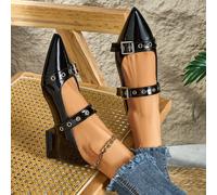 Mocassini Mary Jane piatti da donna per autunno/inverno, con punta affusolata e borchie, tacco basso e chunky, fibbia alla moda e finitura lucida EUR35,EUR36,EUR37,EUR38,EUR39,EUR40,EUR41,EUR42,EUR43C