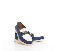 Mocassino uomo GUCCI 920$ con morso di cavallo in pelle blu e tela GG monogra...