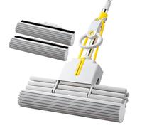 Mocio in Spugna, Lavapavimenti, Mocio Autostrizzante Scopa Lavapavimenti, Scopa in Spugna Grande con Rullo A Tre File da 38cm, Palo in Acciaio Inox Lungo 135cm,Pulizia Pavimenti(2 Heads)
