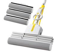 Mocio in Spugna, Lavapavimenti, Mocio Autostrizzante Scopa Lavapavimenti, Scopa in Spugna Grande con Rullo A Tre File da 38cm, Palo in Acciaio Inox Lungo 135cm,Pulizia Pavimenti(3 Heads)