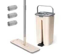 Mocio Lavapavimenti con Secchio, Masthome Mocio Rotante a 360° e Secchio Autolavaggio, Mocio Secchio e Strizzatore con 3 Tamponi Microfibra, Mocio Pavimenti per Parquet Legno (Beige)