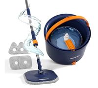 Mocio Lavapavimenti e Secchio Strizzatore, Lavavetri con Manico Telescopic, Mocio in Microfibra con Secchio, per Lavaggio Pavimenti di Finestre, Strizzatura a Mani Libere, con 4 Panni Riutilizzabili