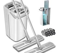 Mocio Lavapavimenti, Mocio Lavapavimenti in Microfibra e Secchio Strizzatore, Mocio Piatto Rotante 360°+ Secchio a 2 Scomparti di Mani Libere, 8 Panni in Microfibra, Uso Bagnato e Asciutto