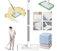 Mocio Monouso per La Polvere con 4 Panni Riutilizzabili, Mini Mocio Piatto con Manico in Acciaio Inossidabile, Cambio Rapido Del Panno in 1 Secondo, Mocio Rotante a 360° per Angoli