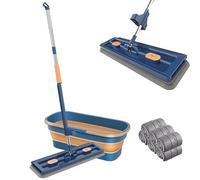 Mocio Piatto Grande e Secchio Scalabile Set, Mocio per Pulizia Rotante a 360° con Raschietto, Mocio Asciutto e Bagnato per la Pulizia di Pavimenti in Legno Duro, Piastrelle, Laminato,Blu
