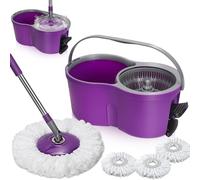 Mocio Rotante con Secchio, Masthome Rotomop con Pedale e 3 Panni Microfibra, Sistema Lavapavimenti con Secchio Autostrizzante per Casa, Parquet, Laminato, Ceramica, Viola