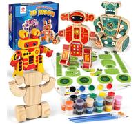 Mocoosy 4 Robot in Legno giocattoli per Bambini dai 3-5 Anni, Costruisci e Dipingi il Tuo Robot Kit Artigianale con Vernici e adesivi,pittura in legno arte giochi attività regali per bambini dai 6-12