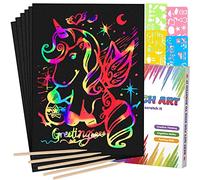 Mocoosy 60Pcs Scratch Art Paper for Kids - Rainbow Magic Scratch Off Paper Art and Craft Kit Scratch Note Pad Doodle neri con 4 stencil 5 stilo in legno per ragazze festaioli Regali