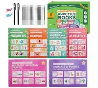 Mocrop Set di 6 quaderni magici per esercizi di scrittura prescolare, riutilizzabili, con scanalature, per bambini dai 3 anni in su, lettere, numeri, disegno, calcolo, con penne e mine