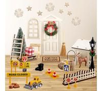 Mocrop Set di gnomi per Natale, completo, 48 pezzi Set di porte per gnomi con accessori, costruzione per gnomi, include accessori per cantiere, carrello portautensili, porte in legno, alci, regali