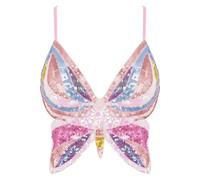 Mocure Top Corto da Donna con Paillettes Glitterate a Farfalla, Taglio Basso, Canottiera da Rave, per Costumi da Danza del Ventre, Taglia Unica