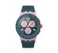 Swatch Cronografo, Quadrante verde scuro, Sottoquadranti rosa, Cinturino testurizzato verde, cassa rosa
