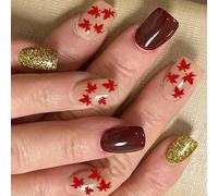 Moda Breve Quadrato Ringraziamento Press On Stakes Con Foglie d'Acero Disegni Unghie Artificiali Stick On Nails 24Pcs Fall Rose Computational Intelligence Zoccoli