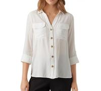 Moda Donna Camicia Camicetta Casual c/Poche Torace Regular Stretch 3/4 Manica Top Maglia, Colore:Bianco, Taglia:M
