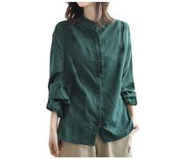 Moda donna casual primavera ed estate e lino manica lunga patchwork vestiti con bordo orecchio in legno camicia top cardigan, Verde, L