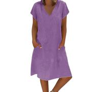 Moda donna Casual V Tie Pocket Tinta unita Cotone e Linee Manica Corta Vestito Midi Estate Abiti per le Donne, Viola, S