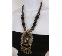 Moda Donna Collana Legno Perlina Metallo Oro Catene Etnico Blu Rosso Brown Gray